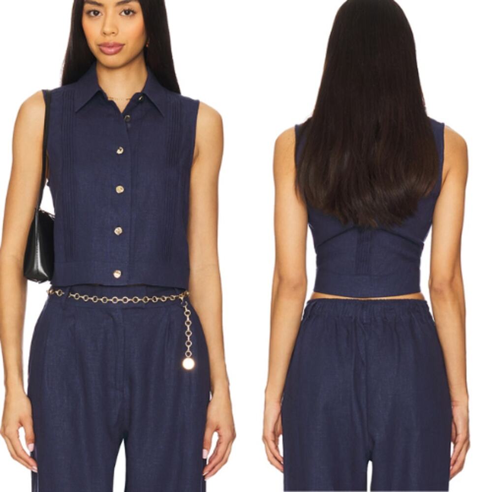 NWT Hevron Vera God Tone Buttons Cropped Sleeveless Top Indigo Size: Medium